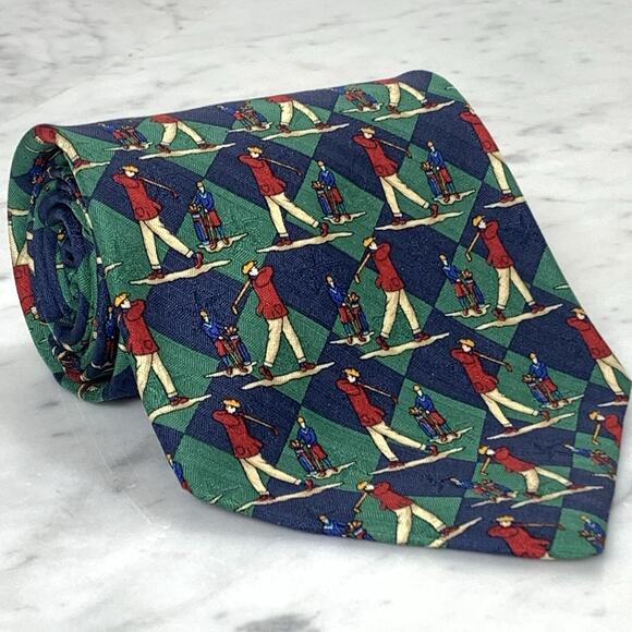 TOMMY HILFIGER Tie 100% Silk Necktie 57" x 4" Blue Green Golf Diamond Retro EUC - Picture 1 of 10